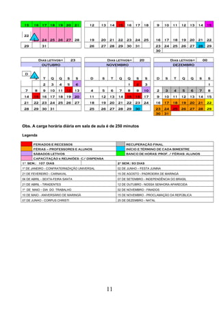 15 16 17 18 19 20 21 12 13 14 15 16 17 18 9 10 11 12 13 14 15
22
23 24 25 26 27 28 19 20 21 22 23 24 25 16 17 18 19 20 21 22
29 31 26 27 28 29 30 31 23 24 25 26 27 28 29
30
Dias letivos= 23 Dias letivos= 20 Dias letivos= 00
OUTUBRO NOVEMBRO DEZEMBRO
D
S T Q Q S S D S T Q Q S S D S T Q Q S S
2 3 4 5 6 1 2 3 1
7 8 9 10 11 12 13 4 5 6 7 8 9 10 2 3 4 5 6 7 8
14 15 16 17 18 19 20 11 12 13 14 15 16 17 9 10 11 12 13 14 15
21 22 23 24 25 26 27 18 19 20 21 22 23 24 16 17 18 19 20 21 22
28 29 30 31 25 26 27 28 29 30 23 24 25 26 27 28 29
30 31
Obs. A carga horária diária em sala de aula é de 250 minutos
Legenda
FERIADOS E RECESSOS RECUPERAÇÃO FINAL
FÉRIAS – PROFESSORES E ALUNOS INÍCIO E TÉRMINO DE CADA BIMESTRE
SÁBADOS LETIVOS BANCO DE HORAS: PROF. / FÉRIAS: ALUNOS
CAPACITAÇÃO e REUNIÕES - C/ DISPENSA
1º SEM.: 107 DIAS 2º SEM.: 93 DIAS
1º DE JANEIRO - CONFRATERNIZAÇÃO UNIVERSAL 02 DE JUNHO – FESTA JUNINA
21 DE FEVEREIRO - CARNAVAL 15 DE AGOSTO - PADROEIRA DE MARINGÁ
06 DE ABRIL - SEXTA-FEIRA SANTA 07 DE SETEMBRO - INDEPENDÊNCIA DO BRASIL
21 DE ABRIL - TIRADENTES 12 DE OUTUBRO - NOSSA SENHORA APARECIDA
1º DE MAIO – DIA DO TRABALHO 02 DE NOVEMBRO - FINADOS
10 DE MAIO - ANIVERSÁRIO DE MARINGÁ 15 DE NOVEMBRO - PROCLAMAÇÃO DA REPÚBLICA
07 DE JUNHO - CORPUS CHRISTI 25 DE DEZEMBRO - NATAL
11
 