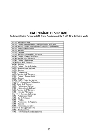 CALENDÁRIO DESCRITIVO
Ed. Infantil, Ensino Fundamental I, Ensino Fundamental II e 1ª e 2ª Série do Ensino Médio
01/02 – Retorno docente
03/02 – Entrega de materiais da Educação Infantil ao 5ª ano
03/02 e 06/02 – Entrega de materiais do 6ºano ao Ensino Médio
06/02 – Início do período letivo
20/02 – Recesso
21/02 – Carnaval
22/02 – Recesso - Quarta-feira de Cinzas
06/04 – Feriado – Sexta-Feira Santa
20/04 - Término do 1º Bimestre
21/04 – Feriado – Tiradentes
23/04 - Início do 2º Bimestre
30/04 – Recesso
01/05 – Feriado - Dia do Trabalho
10/05 – Aniversário de Maringá
11/05 – Recesso
02/06 – Festa Junina
06/07 - Término do 2º Bimestre
07/06 – Feriado - Corpus Christi
08/06 – Recesso
07/07 a 29/07 – Férias dos alunos
23 a 27/07 – Capacitação Pedagógica
30/07 - Início do 3º Bimestre
15/08 – Padroeira de Maringá
07/09 – Independência do Brasil
28/09 - Término do 3º Bimestre
01/10 – Início do 4º Bimestre
08 a 11/10 – Semana da Criança
12/10 – Padroeira do Brasil
15/10 - Dia do Professor
02/11 – Finados
15/11 – Proclamação da República
16/11 – Recesso
30/11 – Término do ano letivo
03 a 07/12 – Recuperação Final
12/12 – Resultado Final
14/12 – Término das atividades docentes
12
 