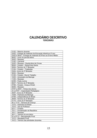 CALENDÁRIO DESCRITIVO
TERCEIRÃO
01/02 – Retorno docente
03/02 – Entrega de materiais da Educação Infantil ao 5ª ano
03/02 e 06/02 – Entrega de materiais do 6ºano ao Ensino Médio
06/02 – Início do período letivo
20/02 – Recesso
21/02 – Carnaval
22/02 – Recesso - Quarta-feira de Cinzas
06/04 – Feriado – Sexta-Feira Santa
20/04 - Término do 1º Bimestre
21/04 – Feriado – Tiradentes
23/04 - Início do 2º Bimestre
30/04 – Recesso
01/05 – Feriado - Dia do Trabalho
10/05 – Aniversário de Maringá
11/05 – Recesso
02/06 – Festa Junina
06/07 - Término do 2º Bimestre
07/06 – Feriado - Corpus Christi
08/06 – Recesso
07/07 a 29/07 – Férias dos alunos
23 a 27/07 – Capacitação Pedagógica
30/07 - Início do 3º Bimestre
15/08 – Padroeira de Maringá
07/09 – Independência do Brasil
28/09 - Término do 3º Bimestre
01/10 – Início do 4º Bimestre
08 a 11/10 – Semana da Criança
12/10 – Padroeira do Brasil
15/10 - Dia do Professor
02/11 – Finados
15/11 – Proclamação da República
16/11 – Recesso
30/11 – Término do ano letivo
03 a 07/12 – Recuperação Final
12/12 – Resultado Final
14/12 – Término das atividades docentes
15
 