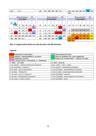 29 31 26 27 28 29 30 31 23 24 25 26 27 28 29
30
Dias letivos= 23 Dias letivos= 20 Dias letivos= 00
OUTUBRO NOVEMBRO DEZEMBRO
D
S T Q Q S S D S T Q Q S S D S T Q Q S S
2 3 4 5 6 1 2 3 1
7 8 9 10 11 12 13 4 5 6 7 8 9 10 2 3 4 5 6 7 8
14 15 16 17 18 19 20 11 12 13 14 15 16 17 9 10 11 12 13 14 15
21 22 23 24 25 26 27 18 19 20 21 22 23 24 16 17 18 19 20 21 22
28 29 30 31 25 26 27 28 29 30 23 24 25 26 27 28 29
30 31
Obs. A carga horária diária em sala de aula é de 250 minutos
Legenda
FERIADOS E RECESSOS RECUPERAÇÃO FINAL
FÉRIAS – PROFESSORES E ALUNOS INÍCIO E TÉRMINO DE CADA BIMESTRE
SÁBADOS LETIVOS BANCO DE HORAS: PROF. / FÉRIAS: ALUNOS
CAPACITAÇÃO e REUNIÕES - C/ DISPENSA
1º SEM.: 107 DIAS 2º SEM.: 93 DIAS
1º DE JANEIRO - CONFRATERNIZAÇÃO UNIVERSAL 02 DE JUNHO – FESTA JUNINA
21 DE FEVEREIRO - CARNAVAL 15 DE AGOSTO - PADROEIRA DE MARINGÁ
06 DE ABRIL - SEXTA-FEIRA SANTA 07 DE SETEMBRO - INDEPENDÊNCIA DO BRASIL
21 DE ABRIL - TIRADENTES 12 DE OUTUBRO - NOSSA SENHORA APARECIDA
1º DE MAIO – DIA DO TRABALHO 02 DE NOVEMBRO - FINADOS
10 DE MAIO - ANIVERSÁRIO DE MARINGÁ 15 DE NOVEMBRO - PROCLAMAÇÃO DA REPÚBLICA
07 DE JUNHO - CORPUS CHRISTI 25 DE DEZEMBRO - NATAL
9
 