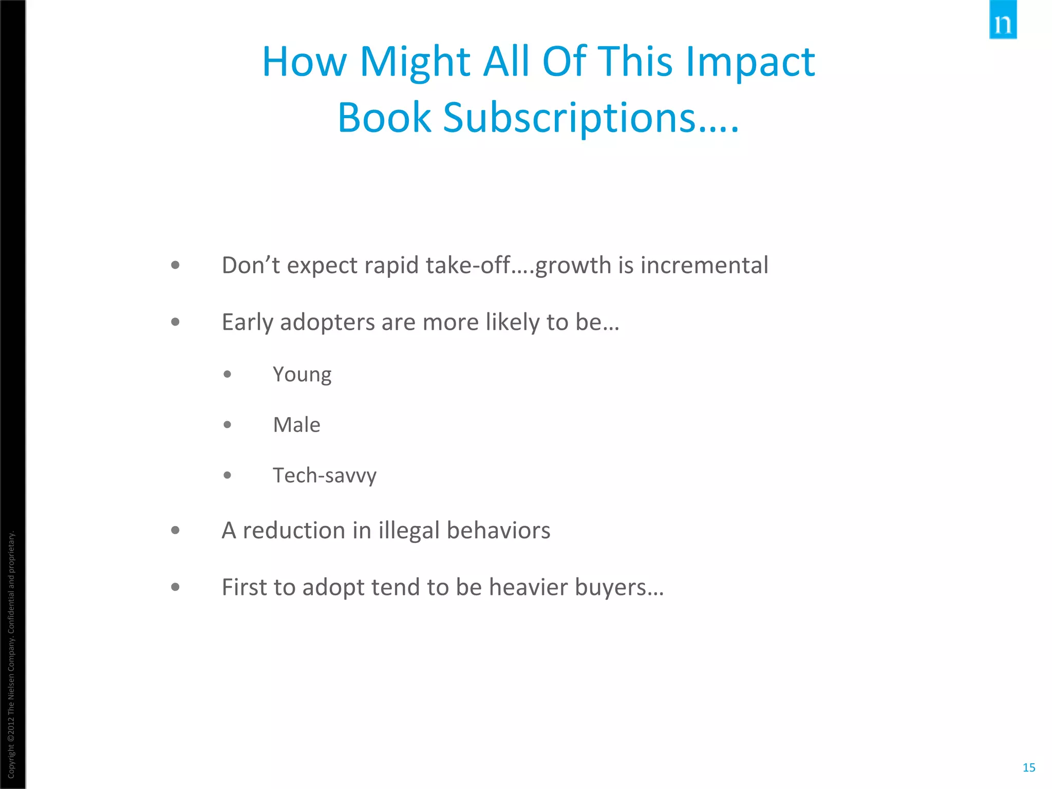 Copyright©2012TheNielsenCompany.Confidentialandproprietary.
15
How Might All Of This Impact
Book Subscriptions….
• Don’t expect rapid take-off….growth is incremental
• Early adopters are more likely to be…
• Young
• Male
• Tech-savvy
• A reduction in illegal behaviors
• First to adopt tend to be heavier buyers…
 