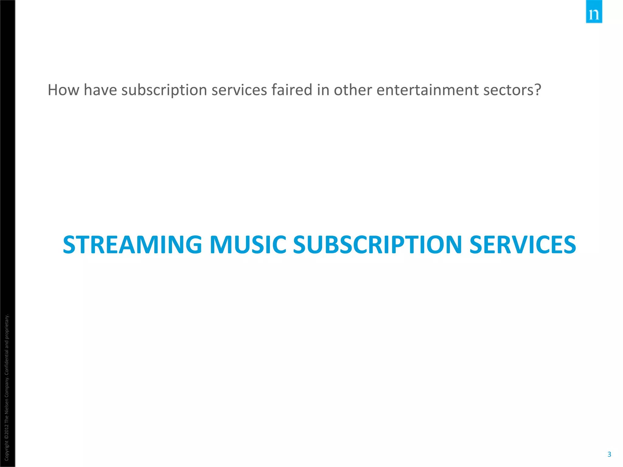 Copyright©2012TheNielsenCompany.Confidentialandproprietary.
3
STREAMING MUSIC SUBSCRIPTION SERVICES
How have subscription services faired in other entertainment sectors?
 