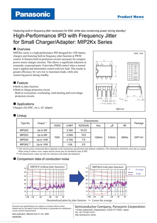Comparison data of conduction noise
Featuring built-in frequency jitter necessary for EMI, while also conserving power during standby!
High-Performance IPD with Frequency Jitter
for Small Charger/Adapter: MIP2Kx Series
Overview
MIP2Kx series is a high-performance IPD designed for 15W battery
chargers and featuring built-in frequency jitter function at PWM
control. It features built-in protection circuits necessary for compact
power source charger circuitry. This allows a significant reduction in
externally connected parts. It provides PWM control when a normal
load is applied and intermittent control with low load. This results in
greater efficiency for very low to maximum loads, while also
conserving power during standby.
DIP7-A1
Unit : mm
Feature
• Built-in jitter function
• Built-in charge protection circuit
Built-in overcurrent, overheating, load shorting and overvoltage
protection circuits
Applications
Chargers (for DSC, etc.), AC adapter
Lineup
MIP2K4（with jitter function）
Decentralized pulse by jitter function → Lower the avarage
× Average
Peak
MIP2F4（without jitter function）
Source8
Source7
⎯6
Drain5
VCC4
CL3
FB2
VDD1
Pin NamePin No.
5Ω1.0AUp to 15WMIP2K5 *2
7Ω0.70AUp to 10WMIP2K4
10Ω0.50AUp to 8WMIP2K3
DIP7-A1260Hz5.5kHz100kHz
16.5Ω0.35A
700V
Up to 5WMIP2K2
fM⊿ffoscR(DS)ONILIMITVDSS
Package
Characteristic
Output *1
Type No.
*1 The electric power mentioned above depends on the transformer specification and ambient conditions. The information should be used only as a guide.
When using it within a case, output electric power may be decided by heat of IPD.
*2 All characteristic values are only for reference (still under development).
New publication, effective from 31 Oct. 2008
M00852BE
www.DataSheet.in
 
