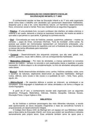 15
ORGANIZAÇÃO DO CONHECIMENTO ESCOLAR
DA EDUCAÇÃO INFANTIL E 1º ANO
O conhecimento escolar na fase da Educação Infantil e do 1º ano está organizado
tendo como base o trabalho com atividades que oportunizam desenvolver habilidades,
despertar para a vida e ter, como decorrência natural, um harmônico desenvolvimento
físico, emocional, social e mental. Para isso, trabalhamos as seguintes linguagens:
• Plástica – É uma atividade livre, na qual o professor não interfere, só relata a técnica, o
material a ser usado, deixando a criança se expressar livremente: ela mostra ao adulto o
que sabe o que pensa e o que sente. A garatuja é a primeira escrita.
• Oral – Concretizada por meio de histórias, poesias, quadrinhos, palestras – mostrar os
cartazes –, jogos de rimas, conversas informais, “hora da novidade”, entre outras. As
poesias que podem ser memorizadas representam um treinamento antecipado, uma
atividade para o desenvolvimento do repertório oral com a finalidade de que, futuramente,
a criança não tenha dificuldade para memorizar
fórmulas, dados etc.
• Corporal – Desenvolvimento dos esquemas corporais, que são sete: global, oral,
auditivo, gustativo, visual, tátil e olfativo, com as correspondentes habilidades.
• Matemática (Ciências) – Por meio de atividades, a criança aprenderá os conceitos
básicos da matéria – sempre no concreto e com explicações claras e repetidas o quanto
necessário. A última etapa é a de complementação, no livro de atividades adequado para
cada classe.
• Musical – Serão desenvolvidas atividades como: cantos, histórias cantadas, rodas, sons
e barulhos da natureza, objetivando desenvolver as seguintes habilidades: distinguir
ruídos, silêncio, sons vocais e não vocais e a qualidade do som – forte, fraco, grave,
agudo, etc.
• Afetivo-Social – Os aspectos afetivos e sociais se misturam, se entrelaçam e se
completam. Essa linguagem é trabalhada em várias atividades e de forma a integrar as
outras linguagens.
A partir do 2º ano, o conhecimento escolar está organizado com as seguintes
disciplinas: Português, Matemática, Ciências, História, Geografia, Ciências Sociais,
Educação Física, Língua Inglesa e Arte.
BIBLIOTECA
Ao ler histórias e conhecer personagens das mais diferentes naturezas, a escola
está oportunizando ao aluno situações imaginárias e reais da convivência humana e
proporcionando um desenvolvimento integral.
O Colégio Dom Bosco COC de Maringá tem um espaço em sua Biblioteca voltada
para a faixa etária da Educação Infantil, com livros que podem ser escolhidos e retirados
semanalmente pelo próprio aluno. Esse ambiente também serve de apoio para o
 