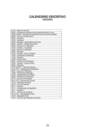 28
CALENDÁRIO DESCRITIVO
TERCEIRÃO
01/02 – Retorno docente
03/02 – Entrega de materiais da Educação Infantil ao 5ª ano
03/02 e 06/02 – Entrega de materiais do 6ºano ao Ensino Médio
06/02 – Início do período letivo
20/02 – Recesso
21/02 – Carnaval
22/02 – Recesso - Quarta-feira de Cinzas
06/04 – Feriado – Sexta-Feira Santa
20/04 - Término do 1º Bimestre
21/04 – Feriado – Tiradentes
23/04 - Início do 2º Bimestre
30/04 – Recesso
01/05 – Feriado - Dia do Trabalho
10/05 – Aniversário de Maringá
11/05 – Recesso
02/06 – Festa Junina
06/07 - Término do 2º Bimestre
07/06 – Feriado - Corpus Christi
08/06 – Recesso
07/07 a 29/07 – Férias dos alunos
23 a 27/07 – Capacitação Pedagógica
30/07 - Início do 3º Bimestre
15/08 – Padroeira de Maringá
07/09 – Independência do Brasil
28/09 - Término do 3º Bimestre
01/10 – Início do 4º Bimestre
08 a 11/10 – Semana da Criança
12/10 – Padroeira do Brasil
15/10 - Dia do Professor
02/11 – Finados
15/11 – Proclamação da República
16/11 – Recesso
30/11 – Término do ano letivo
03 a 07/12 – Recuperação Final
12/12 – Resultado Final
14/12 – Término das atividades docentes
 