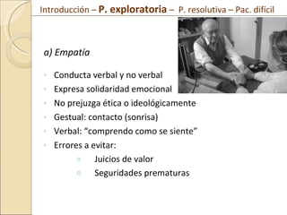 a) Empatía Conducta verbal y no verbal Expresa solidaridad emocional No prejuzga ética o ideológicamente Gestual: contacto (sonrisa) Verbal: “comprendo como se siente” Errores a evitar: Juicios de valor Seguridades prematuras Introducción –  P. exploratoria  –  P. resolutiva – Pac. difícil  