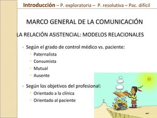 MARCO GENERAL DE LA COMUNICACIÓN LA RELACIÓN ASISTENCIAL: MODELOS RELACIONALES  Según el grado de control médico vs. paciente: Paternalista  Consumista  Mutual  Ausente  Según los objetivos del profesional: Orientado a la clínica  Orientado al paciente Introducción  – P. exploratoria –  P. resolutiva – Pac. difícil  