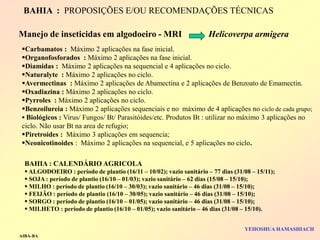 Carbamatos : Máximo 2 aplicações na fase inicial. 
Organofosforados : Máximo 2 aplicações na fase inicial. 
Diamidas : Máximo 2 aplicações na sequencial e 4 aplicações no ciclo. 
Naturalyte : Máximo 2 aplicações no ciclo. 
Avermectinas : Máximo 2 aplicações de Abamectina e 2 aplicações de Benzoato de Emamectin. 
Oxadiazina : Máximo 2 aplicações no ciclo. 
Pyrroles : Máximo 2 aplicações no ciclo. 
Benzoilureia : Máximo 2 aplicações sequenciais e no máximo de 4 aplicações no ciclo de cada grupo; 
 Biológicos : Virus/ Fungos/ Bt/ Parasitóides/etc. Produtos Bt : utilizar no máximo 3 aplicações no ciclo. Não usar Bt na area de refugio; 
Piretroides : Máximo 3 aplicações em sequencia; 
Neonicotinoides : Máximo 2 aplicações na sequencial, e 5 aplicações no ciclo. 
Manejo de inseticidas em algodoeiro - MRI Helicoverpa armigera 
BAHIA : PROPOSIÇÕES E/OU RECOMENDAÇÕES TÉCNICAS 
AIBA-BA 
BAHIA : CALENDÁRIO AGRICOLA 
 ALGODOEIRO : período de plantio (16/11 – 10/02); vazio sanitário – 77 dias (31/08 – 15/11); 
 SOJA : período de plantio (16/10 – 01/03); vazio sanitário – 62 dias (15/08 – 15/10); 
 MILHO : período de plantio (16/10 – 30/03); vazio sanitário – 46 dias (31/08 – 15/10); 
 FEIJÃO : período de plantio (16/10 – 30/05); vazio sanitário – 46 dias (31/08 – 15/10); 
 SORGO : período de plantio (16/10 – 01/05); vazio sanitário – 46 dias (31/08 – 15/10); 
 MILHETO : período de plantio (16/10 – 01/05); vazio sanitário – 46 dias (31/08 – 15/10). 
YEHOSHUA HAMASHIACH  