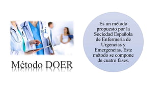 Método DOER
Es un método
propuesto por la
Sociedad Española
de Enfermería de
Urgencias y
Emergencias. Este
método se compone
de cuatro fases.
 