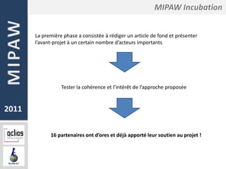 MIPAW Incubation


       La première phase a consistée à rédiger un article de fond et présenter
       l’avant-projet à ...