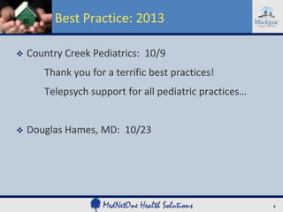 Best Practice: 2013


Country Creek Pediatrics: 10/9
Thank you for a terrific best practices!
Telepsych support for all pediatric practices…



Douglas Hames, MD: 10/23

4

 