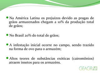 Na América Latina os prejuízos devido as pragas de
grãos armazenados chegam a 10% da produção total
de grãos;
No Brasil 20% do total de grãos;
A infestação inicial ocorre no campo, sendo trazido
na forma de ovo para o armazém;
Altos teores de substâncias exóticas (cairomônios)
atraem insetos para os armazéns.
 