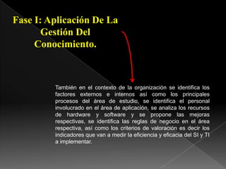 Fase I: Aplicación De La
Gestión Del
Conocimiento.
También en el contexto de la organización se identifica los
factores externos e internos así como los principales
procesos del área de estudio, se identifica el personal
involucrado en el área de aplicación, se analiza los recursos
de hardware y software y se propone las mejoras
respectivas, se identifica las reglas de negocio en el área
respectiva, así como los criterios de valoración es decir los
indicadores que van a medir la eficiencia y eficacia del SI y TI
a implementar.
 
