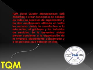 TQM
TQM (Total Quality Managemen): Está
orientada a crear conciencia de calidad
en todos los procesos de organización y
ha sido ampliamente utilizada en todos
los sectores, desde la manufactura a la
educación, el gobierno y las industrias
de servicios. Se le denomina «total»
porque concierne a la organización de
la empresa globalmente considerada y
a las personas que trabajan en ella..
 