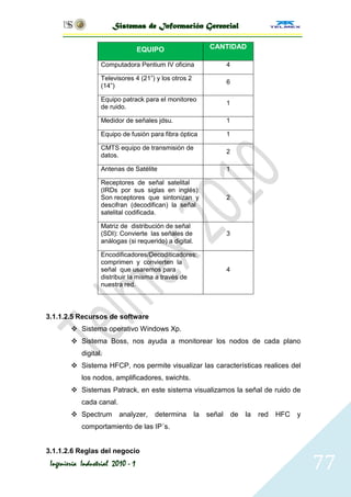 Sistemas de Información Gerencial

                                  EQUIPO                      CANTIDAD

                   Computadora Pentium IV oficina                    4

                   Televisores 4 (21‖) y los otros 2
                                                                     6
                   (14‖)

                   Equipo patrack para el monitoreo
                                                                     1
                   de ruido.

                   Medidor de señales jdsu.                          1

                   Equipo de fusión para fibra óptica                1

                   CMTS equipo de transmisión de
                                                                     2
                   datos.

                   Antenas de Satélite                               1

                   Receptores de señal satelital
                   (IRDs por sus siglas en inglés):
                   Son receptores que sintonizan y                   2
                   descifran (decodifican) la señal
                   satelital codificada.

                   Matriz de distribución de señal
                   (SDI): Convierte las señales de                   3
                   análogas (si requerido) a digital.

                   Encodificadores/Decoditicadores:
                   comprimen y convierten la
                   señal que usaremos para                           4
                   distribuir la misma a través de
                   nuestra red.



3.1.1.2.5 Recursos de software
         Sistema operativo Windows Xp.
         Sistema Boss, nos ayuda a monitorear los nodos de cada plano
            digital.
         Sistema HFCP, nos permite visualizar las características realices del
            los nodos, amplificadores, swichts.
         Sistemas Patrack, en este sistema visualizamos la señal de ruido de
            cada canal.
         Spectrum        analyzer,   determina         la   señal       de   la   red   HFC   y
            comportamiento de las IP´s.


3.1.1.2.6 Reglas del negocio
 Ingeniería Industrial 2010 - 1                                                                    77
 