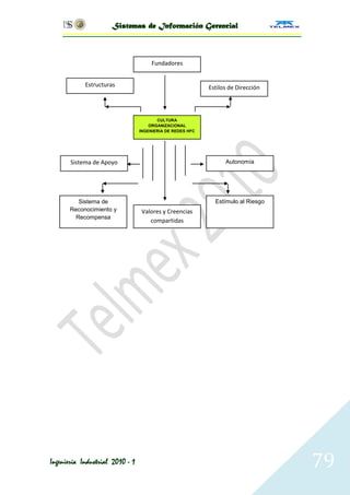 Sistemas de Información Gerencial



                                      Fundadores


            Estructuras                                    Estilos de Dirección



                                        CULTURA
                                     ORGANIZACIONAL
                                 INGENIERIA DE REDES HFC




       Sistema de Apoyo                                          Autonomía




          Sistema de                                         Estímulo al Riesgo
       Reconocimiento y           Valores y Creencias
         Recompensa
                                     compartidas




Ingeniería Industrial 2010 - 1                                                    79
 