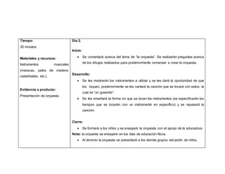 Tiempo:
30 minutos.
Materiales y recursos:
Instrumentos musicales
(maracas, palos de madera,
castañuelas, etc.).
Evidencia o producto:
Presentación de orquesta.
Día 2.
Inicio:
 Se comentará acerca del tema de “la orquesta”. Se realizarán preguntas acerca
de los dibujos realizados para posteriormente comenzar a crear la orquesta.
Desarrollo:
 Se les mostrarán los instrumentos a utilizar y se les dará la oportunidad de que
los toquen, posteriormente se les cantará la canción que se tocará con estos, la
cual es “un gusanito”.
 Se les enseñará la forma en que se tocan los instrumentos (se especificarán los
tiempos que se tocarán con un instrumento en específico) y se repasará la
canción.
Cierre:
 Se formará a los niños y se ensayará la orquesta con el apoyo de la educadora.
Nota: la orquesta se ensayará en los días de educación física.
 Al término la orquesta se presentará a los demás grupos del jardín de niños.
 