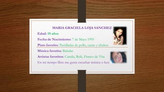 MARIA GRACIELA LOJA SANCHEZ 
Edad:19años 
FechadeNacimiento:7deMayo1995 
Platofavorito:Parrilladasdepollo,carneychuleta 
M...