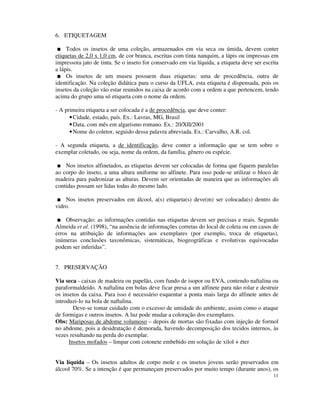 11
6. ETIQUETAGEM
Todos os insetos de uma coleção, armazenados em via seca ou úmida, devem conter
etiquetas de 2,0 x 1,0 cm, de cor branca, escritas com tinta nanquim, a lápis ou impressas em
impressora jato de tinta. Se o inseto for conservado em via líquida, a etiqueta deve ser escrita
a lápis.
Os insetos de um museu possuem duas etiquetas: uma de procedência, outra de
identificação. Na coleção didática para o curso da UFLA, esta etiqueta é dispensada, pois os
insetos da coleção vão estar reunidos na caixa de acordo com a ordem a que pertencem, tendo
acima do grupo uma só etiqueta com o nome da ordem.
- A primeira etiqueta a ser colocada é a de procedência, que deve conter:
•Cidade, estado, país. Ex.: Lavras, MG, Brasil
•Data, com mês em algarismo romano. Ex.: 20/XII/2001
•Nome do coletor, seguido dessa palavra abreviada. Ex.: Carvalho, A.R. col.
- A segunda etiqueta, a de identificação, deve conter a informação que se tem sobre o
exemplar coletado, ou seja, nome da ordem, da família, gênero ou espécie.
Nos insetos alfinetados, as etiquetas devem ser colocadas de forma que fiquem paralelas
ao corpo do inseto, a uma altura uniforme no alfinete. Para isso pode-se utilizar o bloco de
madeira para padronizar as alturas. Devem ser orientadas de maneira que as informações ali
contidas possam ser lidas todas do mesmo lado.
Nos insetos preservados em álcool, a(s) etiqueta(s) deve(m) ser colocada(s) dentro do
vidro.
Observação: as informações contidas nas etiquetas devem ser precisas e reais. Segundo
Almeida et al. (1998), “na ausência de informações corretas do local de coleta ou em casos de
erros na atribuição de informações aos exemplares (por exemplo, troca de etiquetas),
inúmeras conclusões taxonômicas, sistemáticas, biogeográficas e evolutivas equivocadas
podem ser inferidas”.
7. PRESERVAÇÃO
Via seca - caixas de madeira ou papelão, com fundo de isopor ou EVA, contendo naftalina ou
paraformaldeído. A naftalina em bolas deve ficar presa a um alfinete para não rolar e destruir
os insetos da caixa. Para isso é necessário esquentar a ponta mais larga do alfinete antes de
introduzi-lo na bola de naftalina.
Deve-se tomar cuidado com o excesso de umidade do ambiente, assim como o ataque
de formigas e outros insetos. A luz pode mudar a coloração dos exemplares.
Obs: Mariposas de abdome volumoso – depois de mortas são fixadas com injeção de formol
no abdome, pois a desidratação é demorada, havendo decomposição dos tecidos internos, às
vezes resultando na perda do exemplar.
Insetos mofados – limpar com cotonete embebido em solução de xilol + éter
Via líquida – Os insetos adultos de corpo mole e os insetos jovens serão preservados em
álcool 70%. Se a intenção é que permaneçam preservados por muito tempo (durante anos), os
 