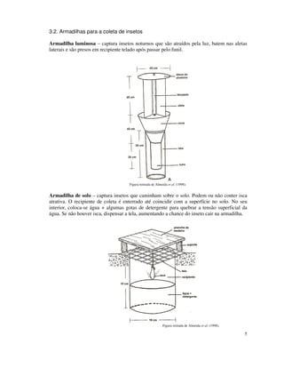 5
3.2. Armadilhas para a coleta de insetos
Armadilha luminosa – captura insetos noturnos que são atraídos pela luz, batem nas aletas
laterais e são presos em recipiente telado após passar pelo funil.
Figura retirada de Almeida et al. (1998).
Armadilha de solo – captura insetos que caminham sobre o solo. Podem ou não conter isca
atrativa. O recipiente de coleta é enterrado até coincidir com a superfície no solo. No seu
interior, coloca-se água + algumas gotas de detergente para quebrar a tensão superficial da
água. Se não houver isca, dispensar a tela, aumentando a chance do inseto cair na armadilha.
Figura retirada de Almeida et al. (1998).
 
