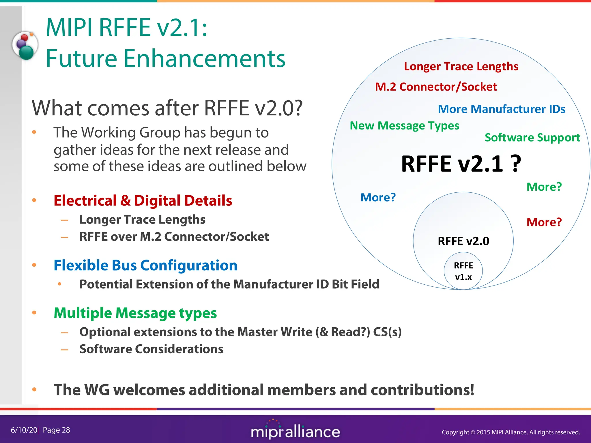 6/10/20| Page 28
MIPI RFFE v2.1:
Future Enhancements
What comes after RFFE v2.0?
• The Working Group has begun to
gather ideas for the next release and
some of these ideas are outlined below
• Electrical & Digital Details
– Longer Trace Lengths
– RFFE over M.2 Connector/Socket
• Flexible Bus Configuration
• Potential Extension of the Manufacturer ID Bit Field
• Multiple Message types
– Optional extensions to the Master Write (& Read?) CS(s)
– Software Considerations
• The WG welcomes additional members and contributions!
RFFE v2.1 ?
More Manufacturer IDs
M.2 Connector/Socket
Longer Trace Lengths
New Message Types
Software Support
RFFE v2.0
RFFE
v1.x
More?
More?
More?
Copyright © 2015 MIPI Alliance. All rights reserved.
 