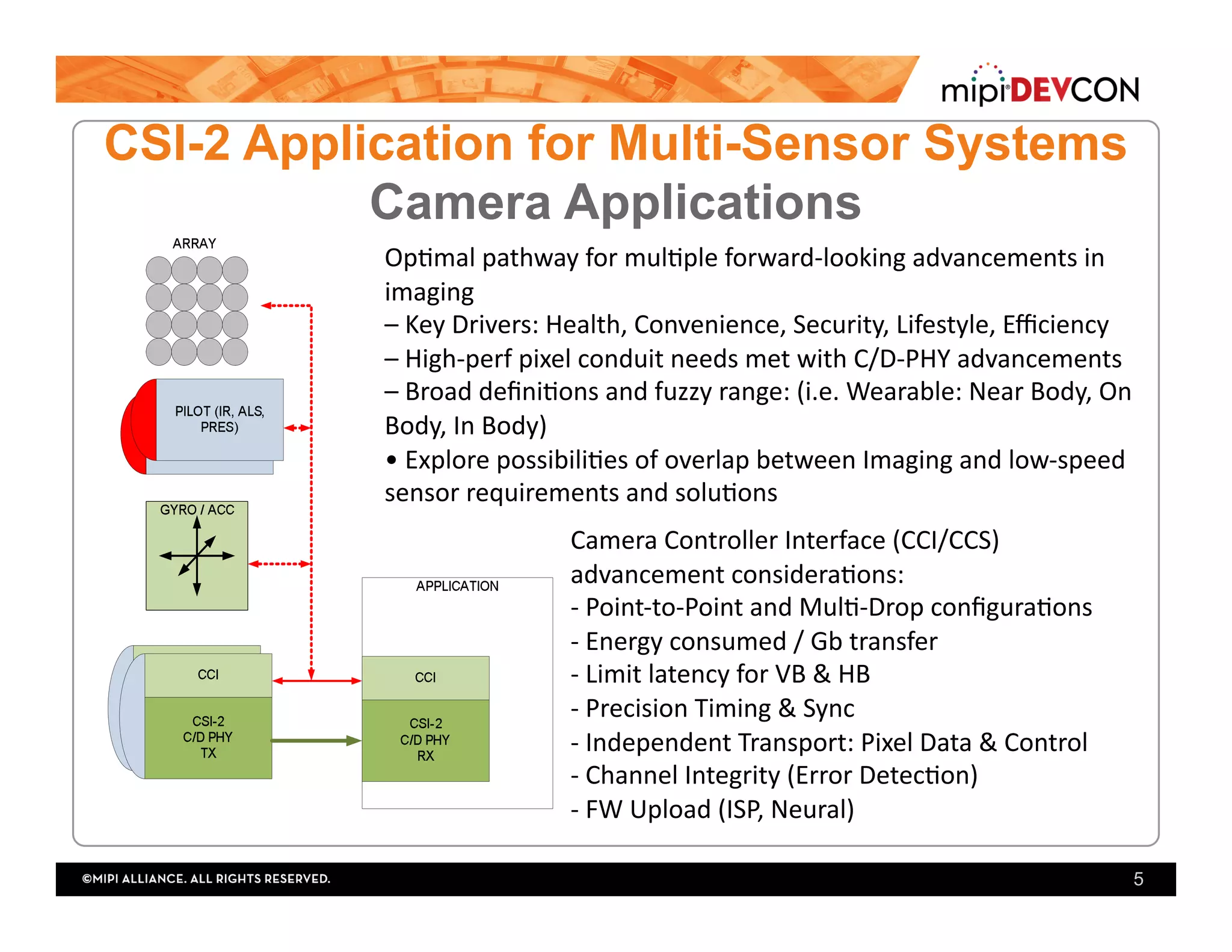 5
CSI-2 Application for Multi-Sensor Systems
Camera Applications
Op0mal	pathway	for	mul0ple	forward-looking	advancements	in	
imaging		
–	Key	Drivers:	Health,	Convenience,	Security,	Lifestyle,	Eﬃciency		
–	High-perf	pixel	conduit	needs	met	with	C/D-PHY	advancements		
–	Broad	deﬁni0ons	and	fuzzy	range:	(i.e.	Wearable:	Near	Body,	On	
Body,	In	Body)		
•	Explore	possibili0es	of	overlap	between	Imaging	and	low-speed	
sensor	requirements	and	solu0ons		
Camera	Controller	Interface	(CCI/CCS)	
advancement	considera0ons:		
-	Point-to-Point	and	Mul0-Drop	conﬁgura0ons		
-	Energy	consumed	/	Gb	transfer		
-	Limit	latency	for	VB	&	HB		
-	Precision	Timing	&	Sync		
-	Independent	Transport:	Pixel	Data	&	Control		
-	Channel	Integrity	(Error	Detec0on)		
-	FW	Upload	(ISP,	Neural)		
 