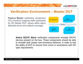Verification Environment – Master DUT
Passive Master verification component
(VC) monitors outgoing traffic generated
by I3C Master DUT, issues alerts about
detected errors and collects coverage
7
Active I3C/I2C Slave verification components emulate I3C/I2C
devices present on the bus. These components should be able
to emulate both proper and erroneous behavior, in order to test
the ability of DUT to recover from errors in accordance with I3C
spec requirements
 