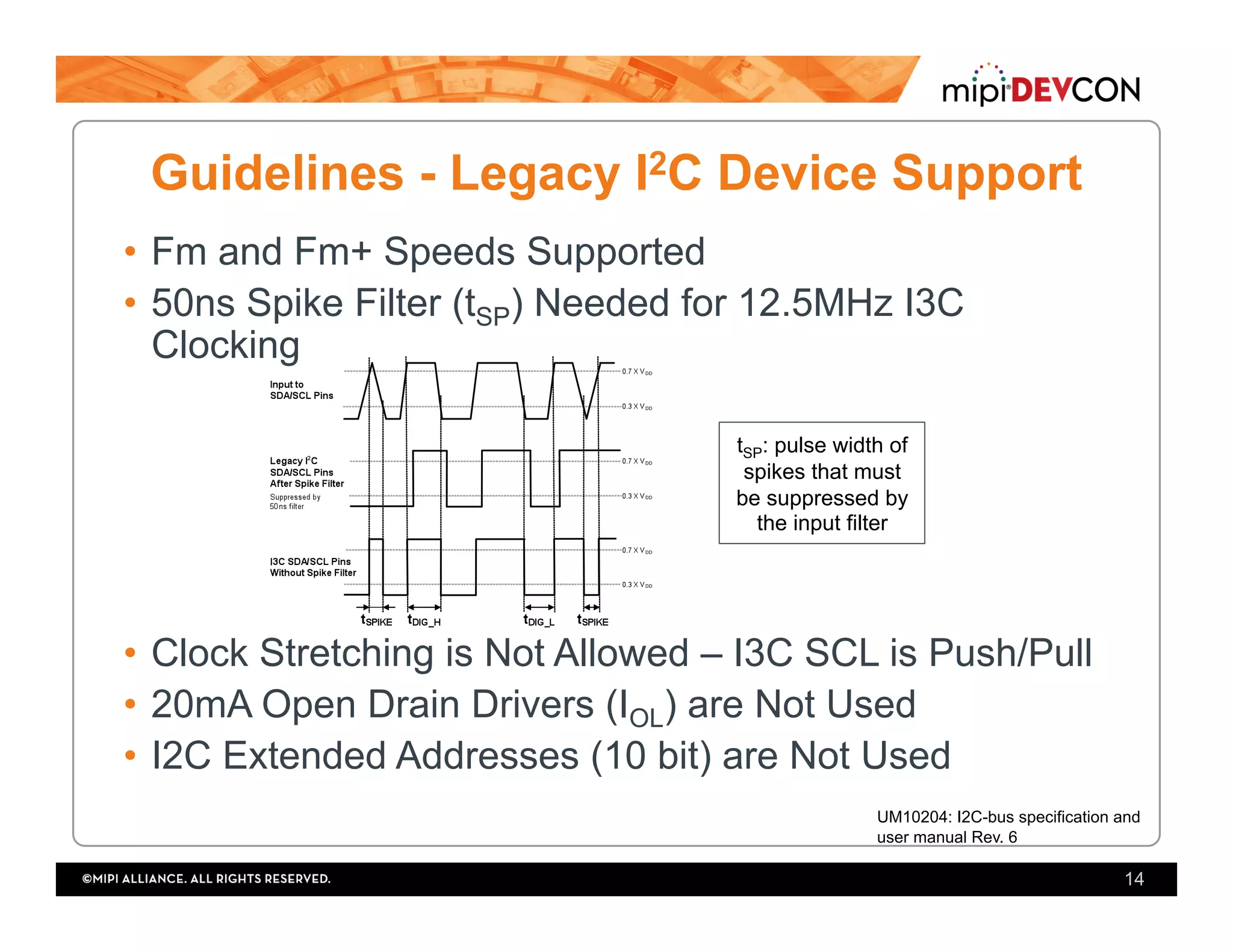 Guidelines - Legacy I2C Device Support
•  Fm and Fm+ Speeds Supported
•  50ns Spike Filter (tSP) Needed for 12.5MHz I3C
Clocking
•  Clock Stretching is Not Allowed – I3C SCL is Push/Pull
•  20mA Open Drain Drivers (IOL) are Not Used
•  I2C Extended Addresses (10 bit) are Not Used
14
UM10204: I2C-bus specification and
user manual Rev. 6
tSP: pulse width of
spikes that must
be suppressed by
the input filter
 
