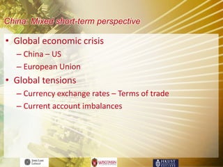 China: Mixed short-term perspective

• Global economic crisis
   – China – US
   – European Union
• Global tensions
   – Currency exchange rates – Terms of trade
   – Current account imbalances
 