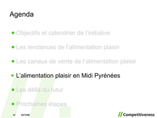 Agenda Objectifs et calendrier de l’initiative Les tendances de l’alimentation plaisir Les canaux de vente de l’alimentation plaisir L’alimentation plaisir en Midi Pyrénées Les défis du futur Prochaines étapes 07/06/09 