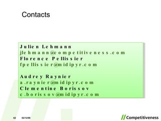 Contacts Julien Lehmann  [email_address] Florence Pellissier  [email_address] Audrey Raynier  [email_address]   Clementine Borissov  [email_address]   07/06/09 