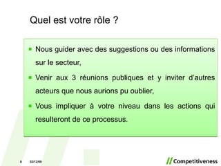 Quel est votre rôle ? Nous guider avec des suggestions ou des informations sur le secteur, Venir aux 3 réunions publiques et y inviter d’autres acteurs que nous aurions pu oublier, Vous impliquer à votre niveau dans les actions qui resulteront de ce processus. 07/06/09 