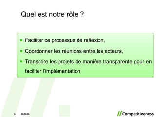 Quel est notre rôle ? Faciliter ce processus de reflexion, Coordonner les réunions entre les acteurs, Transcrire les projets de manière transparente pour en faciliter l’implémentation 07/06/09 