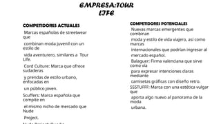 EMPRESA:TOUR
LIFE
COMPETIDORES POTENCIALES
Nuevas marcas emergentes que
combinan
moda y estilo de vida viajero, así como
marcas
internacionales que podrían ingresar al
mercado español.
Balaguer: Firma valenciana que sirve
como vía
para expresar intenciones claras
mediante
camisetas gráficas con diseño retro.
SSSTUFFF: Marca con una estética vulgar
que
aporta algo nuevo al panorama de la
moda
urbana.
COMPETIDORES ACTUALES
Marcas españolas de streetwear
que
combinan moda juvenil con un
estilo de
vida aventurero, similares a Tour
Life.
Cord Culture: Marca que ofrece
sudaderas
y prendas de estilo urbano,
enfocadas en
un público joven.
Scuffers: Marca española que
compite en
el mismo nicho de mercado que
Nude
Project.
 
