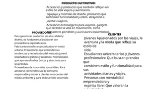 PRODUCTOS SUSTITUTIVOS
Accesorios y productos que también reflejan un
estilo de vida viajero y aventurero.
Equipaje y mochilas de diseño, productos que
combinan funcionalidad y estilo, atrayendo a
jóvenes viajeros.
Accesorios tecnológicos para viajeros, gadgets
que facilitan la vida en movimiento, como
cargadores portátiles y auriculares inalámbricos.
PROVEEDORES
Para garantizar productos de alta calidad y
diseño, es fundamental colaborar con
proveedores especializados.
Fabricantes textiles especializados en moda
urbana: Proveedores que entienden las
tendencias y necesidades del mercado juvenil.
Diseñadores gráficos y creativos: Profesionales
que aporten diseños únicos y atractivos para
las prendas.
Proveedores de materiales sostenibles: Para
alinearse con tendencias de consumo
responsable y atraer a clientes conscientes del
medio ambiente y para el desarrollo sostenible
CLIENTES
Jóvenes Apasionados por los viajes, la
aventura y la moda que refleje su
estilo de
vida.
Estudiantes universitarios y jóvenes
profesionales: Que buscan prendas
que
combinen estilo y funcionalidad para
sus
actividades diarias y viajes.
Personas con mentalidad
emprendedora y
espíritu libre: Que valoran la
 