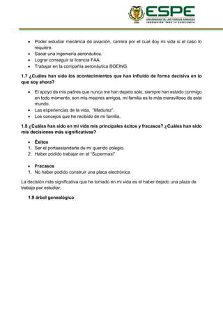  Poder estudiar mecánica de aviación, carrera por el cual doy mi vida si el caso lo
requiere.
 Sacar una ingeniería aeronáutica.
 Lograr conseguir la licencia FAA.
 Trabajar en la compañía aeronáutica BOEING.
1.7 ¿Cuáles han sido los acontecimientos que han influido de forma decisiva en lo
que soy ahora?
 El apoyo de mis padres que nunca me han dejado solo, siempre han estado conmigo
en todo momento, son mis mejores amigos, mi familia es lo más maravilloso de este
mundo.
 Las experiencias de la vida, “Madurez”.
 Los concejos que he recibido de mi familia.
1.8 ¿Cuáles han sido en mi vida mis principales éxitos y fracasos? ¿Cuáles han sido
mis decisiones más significativas?
 Éxitos
1. Ser el portaestandarte de mi querido colegio.
2. Haber podido trabajar en el “Supermaxi”
 Fracasos
1. No haber podido construir una placa electrónica
La decisión más significativa que he tomado en mi vida es el haber dejado una plaza de
trabajo por estudiar.
1.9 árbol genealógico
 