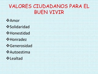 VALORES CIUDADANOS PARA EL
BUEN VIVIR
Amor
Solidaridad
Honestidad
Honradez
Generosidad
Autoestima
Lealtad
 