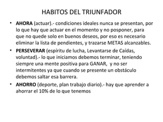 HABITOS DEL TRIUNFADOR AHORA  (actuar).- condiciones ideales nunca se presentan, por lo que hay que actuar en el momento y no posponer, para que no quede solo en buenos deseos, por eso es necesario eliminar la lista de pendientes, y trazarse METAS alcanzables. PERSEVERAR  (espíritu de lucha, Levantarse de Caídas, voluntad).- lo que iniciamos debemos terminar, teniendo siempre una mente positiva para GANAR,  y no ser intermitentes ya que cuando se presente un obstáculo debemos saltar esa barrera. AHORRO  (deporte, plan trabajo diario).- hay que aprender a ahorrar el 10% de lo que tenemos 