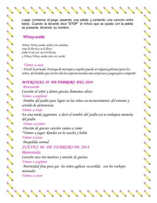 Luego comienza el juego pasando una pelota y cantando una canción entre
todos. Cuando la docente dice "STOP" el niño/a que se queda con la pelota
se presenta diciendo su nombre.
Winsy araña
Winsy Winsy araña subió a la canaleta,
vino la lluvia y se la llevó.
Salió el sol y se secó la lluvia,
y Winsy Winsy araña otra vez subió.
Vamos a casa
- Fin de la jornada.Entrega de mensajes y regalos (puede ser alguna golosina)para los
niños,diciéndoles que al otro día los esperan muchas más sorpresas y juegos para compartir
MIERCOLES 05 DE FEBRERO DEL 2014
Bienvenida
Canción al señor y damos gracias llamamos alista
Vamos a explorar
Nombre del jardín para lograr en los niños un reconocimiento del entorno y
sentido de pertenencia
Vamos a crear
En una ronda jugaremos a decir el nombre del jardín así se trabajara memoria
del jardín
Vamos a Comer
Oración de gracias canción vamos a comer
*Vamos a jugar: Rondas en la cancha y balón
Vamos a Casa
Despedida normal
JUEVES 06 DE FEBRERO DE 2014
Bienvenida
Canción saco mis manitas y oración de gracias
Vamos a explorar
Motricidad fina para que los niños agilicen su avilida con los trabajos
manuales
Vamos a crear
 