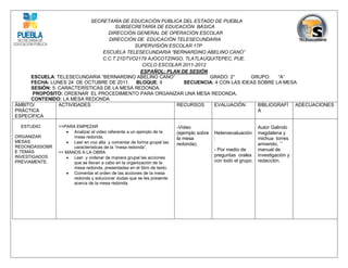 SECRETARÍA DE EDUCACIÓN PÚBLICA DEL ESTADO DE PUEBLA
                                     SUBSECRETARÍA DE EDUCACIÓN BÁSICA
                                  DIRECCIÓN GENERAL DE OPERACIÓN ESCOLAR
                                  DIRECCIÓN DE EDUCACIÓN TELESECUNDARIA
                                            SUPERVISIÓN ESCOLAR 17P
                                ESCUELA TELESECUNDARIA “BERNARDINO ABELINO CANO”
                                C.C.T.21DTVO2179 AJOCOTZINGO, TLATLAUQUITEPEC, PUE.
                                               CICLO ESCOLAR 2011-2012
                                              ESPAÑOL: PLAN DE SESIÓN
     ESCUELA: TELESECUNDARIA “BERNARDINO ABELINO CANO”                 GRADO: 2°     GRUPO:    “A”
     FECHA: LUNES 24 DE OCTUBRE DE 2011. BLOQUE: II          SECUENCIA: 4 CON LAS IDEAS SOBRE LA MESA
     SESIÓN: 5: CARACTERÍSTICAS DE LA MESA REDONDA.
      PROPÓSITO: ORDENAR EL PROCEDIMIENTO PARA ORGANIZAR UNA MESA REDONDA.
     CONTENIDO: LA MESA REDONDA
ÁMBITO/         ACTIVIDADES                                RECURSOS     EVALUACIÓN      BIBLIOGRAFÍ ADECUACIONES
PRÁCTICA                                                                                A
ESPECÍFICA

  ESTUDIO      >>PARA EMPEZAR                                          -Video                              Autor Galindo
                   Analizar el video referente a un ejemplo de la     (ejemplo sobre   Heteroevaluación   magdalena y
ORGANIZAR            mesa redonda.                                     la mesa          :                  michua torres
MESAS              Leer en voz alta y comentar de forma grupal las    redonda).                           armando, ¨¨
REDONDASSOBR         características de la “mesa redonda”.
E TEMAS                                                                                 - Por medio de     manual de
               >> MANOS A LA OBRA
INVESTIGADOS       Leer y ordenar de manera grupal las acciones
                                                                                        preguntas orales investigación y
PREVIAMENTE.         que se llevan a cabo en la organización de la                      con todo el grupo. redacción.
                     mesa redonda, presentadas en el libro de texto.
                   Comentar el orden de las acciones de la mesa
                     redonda y solucionar dudas que se les presente
                     acerca de la mesa redonda.
 