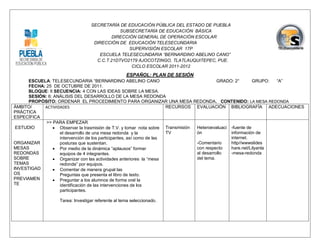 SECRETARÍA DE EDUCACIÓN PÚBLICA DEL ESTADO DE PUEBLA
                                             SUBSECRETARÍA DE EDUCACIÓN BÁSICA
                                          DIRECCIÓN GENERAL DE OPERACIÓN ESCOLAR
                                  DIRECCIÓN DE EDUCACIÓN TELESECUNDARIA
                                                 SUPERVISIÓN ESCOLAR 17P
                                    ESCUELA TELESECUNDARIA “BERNARDINO ABELINO CANO”
                                   C.C.T.21DTVO2179 AJOCOTZINGO, TLATLAUQUITEPEC, PUE.
                                                  CICLO ESCOLAR 2011-2012
                                                   ESPAÑOL: PLAN DE SESIÓN
      ESCUELA: TELESECUNDARIA “BERNARDINO ABELINO CANO                                     GRADO: 2°       GRUPO: “A”
      FECHA: 25 DE OCTUBRE DE 2011.
      BLOQUE: II SECUENCIA: 4 CON LAS IDEAS SOBRE LA MESA.
      SESIÓN: 6: ANÁLISIS DEL DESARROLLO DE LA MESA REDONDA
      PROPÓSITO: ORDENAR EL PROCEDIMIENTO PARA ORGANIZAR UNA MESA REDONDA. CONTENIDO: LA MESA REDONDA
ÁMBITO/     ACTIVIDADES                                               RECURSOS EVALUACIÓN BIBLIOGRAFÍA ADECUACIONES
PRÁCTICA
ESPECÍFICA
             >> PARA EMPEZAR
 ESTUDIO          Observar la trasmisión de T.V. y tomar nota sobre Transmisión Heteroevaluaci -fuente de
                   el desarrollo de una mesa redonda y la             TV         ón             información de
                   intervención de los participantes, así como de las                           internet.
ORGANIZAR          posturas que sustentan.                                       -Comentario    http//wwwslides
MESAS             Por medio de la dinámica “aplausos” formar                    con respecto   hare.net/Lilyanla
REDONDAS           equipos de 4 integrantes.                                     al desarrollo  -mesa-redonda
SOBRE             Organizar con las actividades anteriores la “mesa             del tema.
TEMAS              redonda” por equipos.
INVESTIGAD        Comentar de manera grupal las
OS                 Preguntas que presenta el libro de texto.
PREVIAMEN         Preguntar a los alumnos de forma oral la
TE                 identificación de las intervenciones de los
                   participantes.

                  Tarea: Investigar referente al tema seleccionado.
 