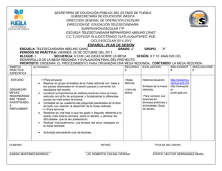 SECRETARÍA DE EDUCACIÓN PÚBLICA DEL ESTADO DE PUEBLA
                                         SUBSECRETARÍA DE EDUCACIÓN BÁSICA
                                      DIRECCIÓN GENERAL DE OPERACIÓN ESCOLAR
                                      DIRECCIÓN DE EDUCACIÓN TELESECUNDARIA
                                               SUPERVISIÓN ESCOLAR 17P
                                      ESCUELA TELESECUNDARIA”BERNARDINO ABELINO CANO”
                                      C.C.T.21DTVO2179 AJOCOTZINGO TLATLAUQUITEPEC, PUE.
                                                    CICLO ESCOLAR 2011-2012
                                                           ESPAÑOL: PLAN DE SESIÓN
      ESCUELA: TELESECUNDARIA ABELINO CANO                  GRADO: 2°     GRUPO:      “A”
      PERIÓDO DE PRÁCTICA: VIERNES 28 DE OCTUBRE DEL 2011
      BLOQUE: II        SECUENCIA: 4 CON LAS IDEAS SOBRE LA MESA      SESIÓN: 9 Y 10: ANÁLISIS DEL
      DESARROLLO DE LA MESA REDONDA Y EVALUACIÓN FINAL DEL PROYECTO
      PROPÓSITO: ORDENAR EL PROCEDIMIENTO PARA ORGANIZAR UNA MESA REDONDA. CONTENIDO: LA MESA REDONDA
ÁMBITO/        ACTIVIDADES                                                                RECURSO     EVALUACIÓN             BIBLIOGRAFÍ      ADECUACIONE
PRÁCTICA                                                                                  S                                  A                S
ESPECÍFICA

 ESTUDIO              >>Para empezar                                                      -Hojas      Heteroevaluación:      http://wwwimju
                       Realizar en grupo el análisis de la mesa redonda con base a       blancas                            nentud.gob.mx
                        las pautas elaboradas en la sesión pasada y comentar los                      Síntesis de la mesa    http://wwwpod
ORGANIZAR               resultados del evento.                                            -Libro de   redonda.               er
MESAS                  Localizar la importancia de realizar practicas como la mesa       textos                             joven.gob.mx
REDONDASSO              redonda con el fin de enriquecer y fundamentar lo diferentes                   Para conocer sus
BRE TEMAS               puntos de vista sobre la misma.                                               avances en
INVESTIGADO            Contestar en su cuaderno las preguntas planteadas en el libro                 diversas prácticas y
S                       de texto con relación al desarrollo de la mesa redonda.                       actividades (Sopa
PREVIAMENT.            >>>Para terminar                                                               de letras).
                       Redactar en una hoja lo que les gusto o disgusto referente a la
                        sesión vista toda la semana sobre el debate, y plantear las
                        dificultades que se les presentaron.
                       Realizar individualmente una síntesis del tema trabajado en
                        la mesa redonda.

                      Actividad permanente club de lectores.



ELABORO.                                                              REVISÓ.                                  TITULAR DEL GRUPO.

___________________________                              ___________________________                          _____________________________
SABINA MARTINEZ MORENO.                                   LIC. ROBERTO COLINA CIPRIAN.                        PROFR. HECTOR HERNANDEZ MORA
 