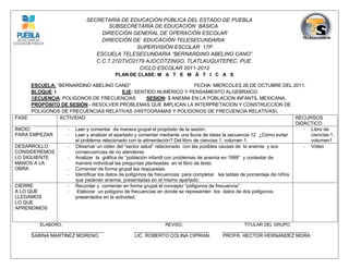 SECRETARÍA DE EDUCACIÓN PÚBLICA DEL ESTADO DE PUEBLA
                                      SUBSECRETARÍA DE EDUCACIÓN BÁSICA
                                   DIRECCIÓN GENERAL DE OPERACIÓN ESCOLAR
                                   DIRECCIÓN DE EDUCACIÓN TELESECUNDARIA
                                               SUPERVISIÓN ESCOLAR 17P
                                 ESCUELA TELESECUNDARIA “BERNARDINO ABELINO CANO”
                                 C.C.T.21DTVO2179 AJOCOTZINGO, TLATLAUQUITEPEC, PUE.
                                                CICLO ESCOLAR 2011-2012
                                           PLAN DE CLASE: M A T E M Á T I C A S

        ESCUELA: “BERNARDINO ABELINO CANO”                                     FECHA: MIERCOLES 26 DE OCTUBRE DEL 2011.
        BLOQUE: I                             EJE: SENTIDO NUMÉRICO Y PENSAMIENTO ALGEBRAICO.
        SECUENCIA: POLÍGONOS DE FRECUENCIAS              SESION: 3 ANEMIA EN LA POBLACION INFANTIL MEXICANA.
        PROPÓSITO DE SESIÓN:- RESOLVER PROBLEMAS QUE IMPLICAN LA INTERPRETACION Y CONSTRUCCION DE
        POLIGONOS DE FRECUENCIAS RELATIVAS (HISTOGRAMAS Y POLIGONOS DE FRECUENCIA RELATIVAS).
FASE              ACTIVIDAD                                                                                               RECURSOS
                                                                                                                          DIDÁCTICO
INICIO:              - Leer y comentar de manera grupal el propósito de la sesión.                                           - Libro de
PARA EMPEZAR         - Leer y analizar el apartado y comentar mediante una lluvia de ideas la secuencia 12 ¿Cómo evitar        ciencias 1,
                        el problema relacionado con la alimentación? Del libro de ciencias 1, volumen 1.                       volumen1
DESARROLLO           - Observar un video del “sector salud” relacionado con las posibles causas de la anemia y sus           - Video
CONSIDEREMOS            consecuencias de no atenderse.
LO SIGUIENTE         - Analizar la gráfica de “población infantil con problemas de anemia en 1999” y contestar de
MANOS A LA              manera individual las preguntas planteadas en el libro de texto.
OBRA                 - Comentar de forma grupal las respuestas.
                     - Identificar los datos de polígonos de frecuencias para completar las tablas de porcentaje de niños
                        que padecen anemia, presentadas en el mismo apartado.
CIERRE               - Recordar y comentar en forma grupal el concepto “polígonos de frecuencia”.
A LO QUE             -   Elaborar un polígono de frecuencias en donde se representen los datos de dos polígonos
LLEGAMOS                presentados en la actividad.
LO QUE
APRENDIMOS


          ELABORO.                                              REVISO.                            TITULAR DEL GRUPO.
       ___________________________                 ____________________________          ________________________________
       SABINA MARTINEZ MORENO.                     LIC. ROBERTO COLINA CIPRIAN.          PROFR. HECTOR HERNANDEZ MORA
 