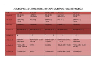 HORARIO    DE TRANSMISIONES: SEGUNDO GRADO DE TELESECUNDARIA
HORA              LUNES            MARTES             MIÉRCOLES         JUEVES             VIERNES
8:16 a 8:31       CIENCIAS ||      HISTORIA           CIENCIAS ||       HISTORIA           CIENCIAS ||
                  FISICA           UNIVERSAL          FISICA            UNIVERSAL          FISICA

9:06 a 9:21       CIENCIAS ||      INGLES ||          CIENCIAS||        INGLES ||          CIENCIAS ||
                  FÍSICA                              FÍSICA                               FÍSICA

9:56 a 10:11      ESPAÑOL ||       ESPAÑOL ||         ESPAÑOL ||        ESPAÑOL ||         ESPAÑOL ||


10:46 a 11:01     MATEMÁTICAS ||   MATEMÁTICAS ||     MATEMÁTICAS ||    MATEMÁTICAS ||     MATEMÁTICAS ||



11:05 a 11:35     R                  E                C             E          S               O

11:51 a 12:06     HISTORIA         FORMACIÓN CÍVICA   ORIENTACIÓN Y     FORMACIÓN CÍVICA   HISTORIA
                  UNIVERSAL        Y ÉTICA            TUTORÍA           Y ÉTICA            UNIVERSAL

12:41 a 12:56     FORMACIÓN        ARTES              INGLES ||         EDUCACIÓN FÍSICA   FORMACIÓN CÍVICA
                  CÍVICA Y ÉTICA                                                           Y ÉTICA


13:31 a 12:46     TECNOLOGÍA       ARTES              TECNOLOGÍA        EDUCACIÓN FÍSICA   TECNOLOGÍA
 