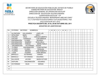 SECRETARÍA DE EDUCACIÓN PÚBLICA DEL ESTADO DE PUEBLA
                                SUBSECRETARÍA DE EDUCACIÓN BÁSICA
                             DIRECCIÓN GENERAL DE OPERACIÓN ESCOLAR
                             DIRECCIÓN DE EDUCACIÓN TELESECUNDARIA
                                        SUPERVISIÓN ESCOLAR 17P
                           ESCUELA TELESECUNDARIA “BERNARDINO ABELINO CANO”
                           C.C.T.21DTVO2179 AJOCOTZINGO TLATLAUQUITEPEC, PUE.
                                         CICLO ESCOLAR 2011-2012
                            PRÁCTICA DOCENTE DEL 24 AL 28 DE OCTUBRE DEL 2011
                                            REGISTRO DE ASISTENCIAS

N.L. PATERNO        MATERNO     NOMBRE(S)             L M M J V L     M M J   V

 1. ALCÁNTARA    VALLADARES       JOSÉ LUÍS
 2. APOLONIO     MAZA            ARELY
 3. AVELINO      CRUZ          CARLOS ALBERTO
 4. AVELINO       GONZÁLEZ        LUÍS ENRIQUE
 5. ENCARNACIÓN    FLORES          RICARDO
 6. ENCARNACIÓN     RAMÍREZ      ROSA ISELA
 7. ENCARNACIÓN     TERESA         MARÍA FIDELA
 8.  ENCARNACIÓN     VICTORIANO EDGAR
 9.  FLORES       ENCARNACIÓN      CONSTANTINO
 10. FLORES         FLORES          ROSALBA
 11. FLORES         MÉNDEZ       JOSÉ ROBERTO
 12. LEÓN           GUERRA        JOSÉ MANUEL
13. MARCELO        GUTIÉRREZ       VANESA
14.    MARCELO         VICTORIANO      EDUARDO
15     SALVADOR         JACOBO         MARÍA ESTHER
16.    VENTURA          ENCARNACIÓN         EDUARDO
17.    VICTORIANO        SAUS               SERGIO
 18.
 19.
 