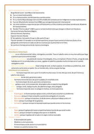 1. DATOSGENERALES DEL AUTOR Y LA OBRA:
a. Biografíadel autor: José Mauro de Vasconcelos
Fue un novelistabrasileño
En su épocaescolar,escribiópoesíaycuentoscortos
En su novelaRaya defuego narra lasdificultadesdel contactoconlosindígenasenestasexploraciones.
Fue con Mi plantade naranjalima(1968) que consiguióproyeccióninternacional
Los raros cambiosy experienciasque sufriódurante suniñezsirvieroncomobase temáticade Miplanta
de naranja delima.
Recibió"PremioJabuti"(1967),que es lamáximadistinciónque otorganenBrasil ala literatura.
b. Corriente literaria:RealismoMágico
c. Géneroliterario:Narrativo.
d. Especie literaria:Novela
e. N° de capítulos:1era parte (5 cap.) y 2da parte (9 cap.)
f. Tipode narrador: El narrador es enprimerapersona,yaque el que cuentala historiaesZezé y él va
agregandocomentariosencadauna de las escenasque se presentanenel libro.
g. Se cuenta entiempopresentede maneracronologica
2. PERSONAJES:
PERSONAJESPRINCIPALES:
• Zezé:esun niñotraviesode 5 años,inteligenteysensible.Tiene el cabellorubio,esmuymenuditoque llega
a parecerque tuvieramenosedad.
• Minguitou xurucuca:una plantade naranja-limadelgada,chica,sinespinasni floresni frutos,amigode zezé,
hablabacon él,le contabatodas sus cosas, jugabanal caballitoypasaba muchotiempoconel cuándo
castigabana zezé.
• Manuel Valadares(El portugués):mejoramigode zezé,se ibanapasear,le contabasus problemas, zezé
comenzóa verlocomoun padre.Era un hombre alto, teníauna gran barriga.
PERSONAJESSECUNDARIOS:
• Totoca: hermanomayorde zezé.quienle enseñomuchascosas.Esmás altoque zezé,de piel morenay
cabellomásoscuro.
• Tío Edmundo:tío de zezé,generosoy sabio.
• Luis:hermanomenorde zezé,de quiencuidabayle enseñabazezé.
• Gloria:hermanamayor de zezé,paciente ycomprensiva.
• Papá: golpeaa zezé,nolocomprende,desempleoyde unaspectomuydelgado.
• Madre: castigaa zezé,trabajamucho,de cabelleranegra,altaydelgada.
• Jandira:hermanamayorde zezé,locastigasinmotivo,notiene paciencia.
3. HÉROE
 El portugués:esbuenoporque apoyaazezé y estáahí para escucharsusproblemas
 Xurucuca: porque le hace compañía cuandoestacastigadoy lo escucha.
 Don arievaldo:porque lotratabien,le dade comer ydejaque trabaje juntoa él.
 Gloria:porque loprotege de lasgolpizas.
 La maestra:porque siempre le dapropinaparaque puedacomerenlosrecreos.
4. ANTIHÉROES:
 Papá: porque logolpeade manerarepetitivahastael puntode que zezé loodie.
 Mamá: porque siempre locastigaydice que esun diablillo.
 Jandira:porque logolpeade lanada o sinalgúnmotivorazonable.
5. TRAMA Y TEMAS:
 El desempleodel padre.
 Mudarse a una nuevacasa.
 Primeratravesurade zezé ensunuevobarrio.
 Conoce a su plantanaranja-lima.
 