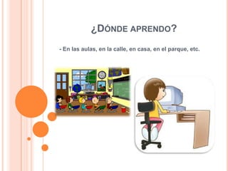 ¿DÓNDE APRENDO?
- En las aulas, en la calle, en casa, en el parque, etc.

 