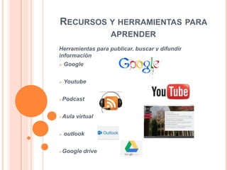 RECURSOS Y HERRAMIENTAS PARA
APRENDER
Herramientas para publicar, buscar y difundir
información


Google



Youtube

Podcast

Aula



virtual

outlook

Google

drive

 
