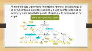 Al Inicio de este Diplomado mi entorno Personal de Aprendizaje
se circunscribía a las redes sociales y a una cuantas paginas de
Internet y en la actualidad puedo afirmar que le panorama se ha
ampliado… El Ple de Miguel Puc Cocom