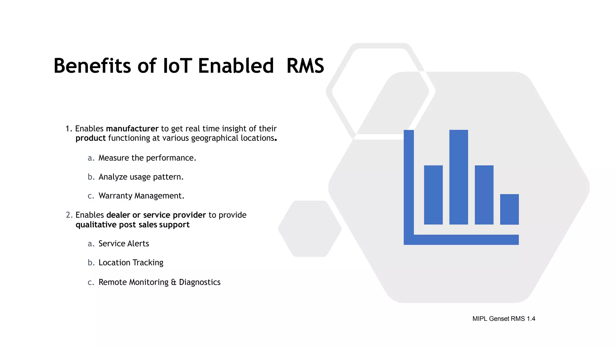 Benefits of IoT Enabled RMS
1. Enables manufacturer to get real time insight of their
product functioning at various geographical locations.
a. Measure the performance.
b. Analyze usage pattern.
c. Warranty Management.
2. Enables dealer or service provider to provide
qualitative post sales support
a. Service Alerts
b. Location Tracking
c. Remote Monitoring & Diagnostics
MIPL Genset RMS 1.4
 